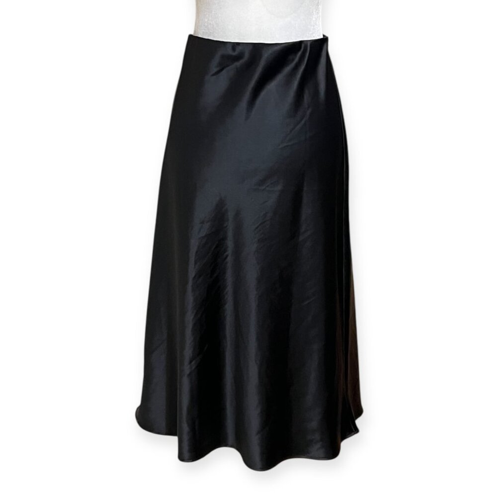 Reneec USA Black Satin Midi Skirt Women’s Small S Bias Cut Slip Skirt Made in US